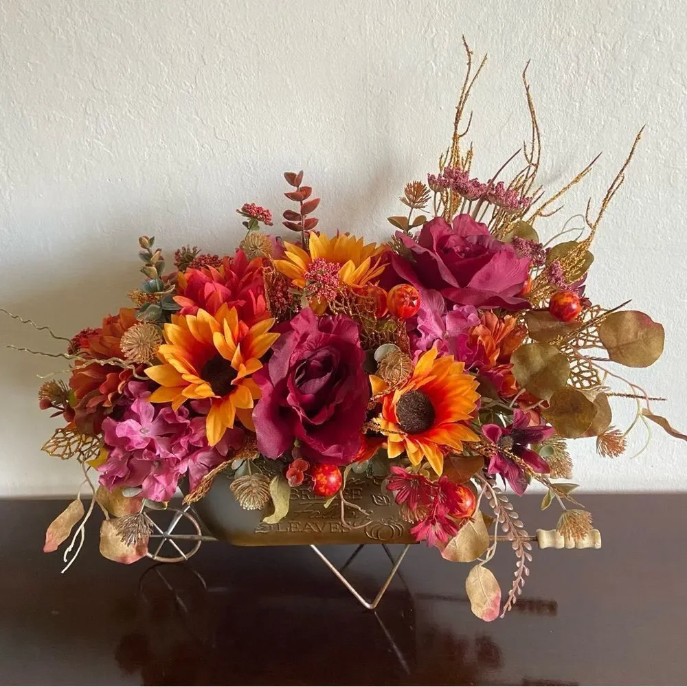 Faux Floral Bouquet In Garden Cart With Pink Roses